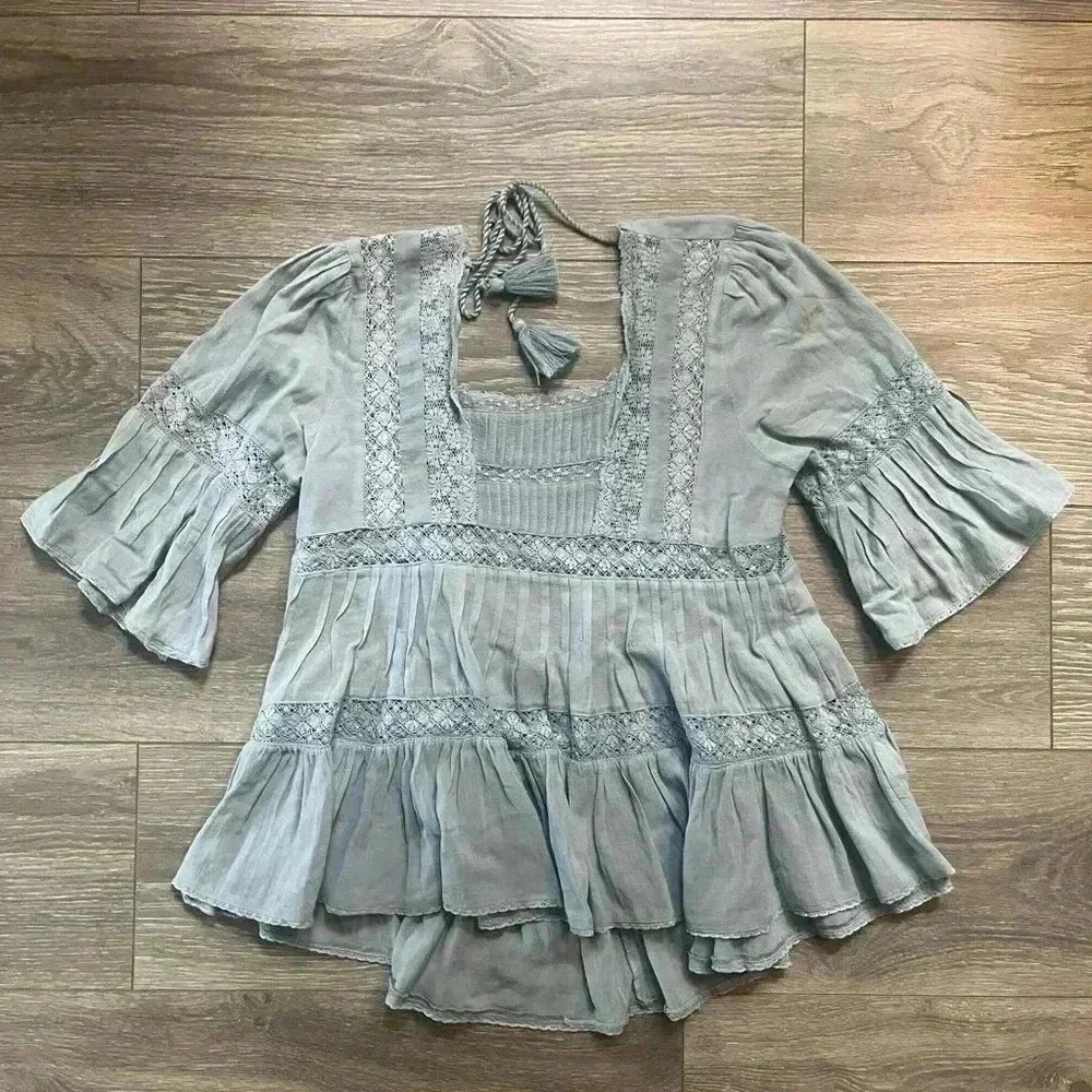 Free People Light Blue Peasant Top with Lace Accents and Tassel Tie Size XS